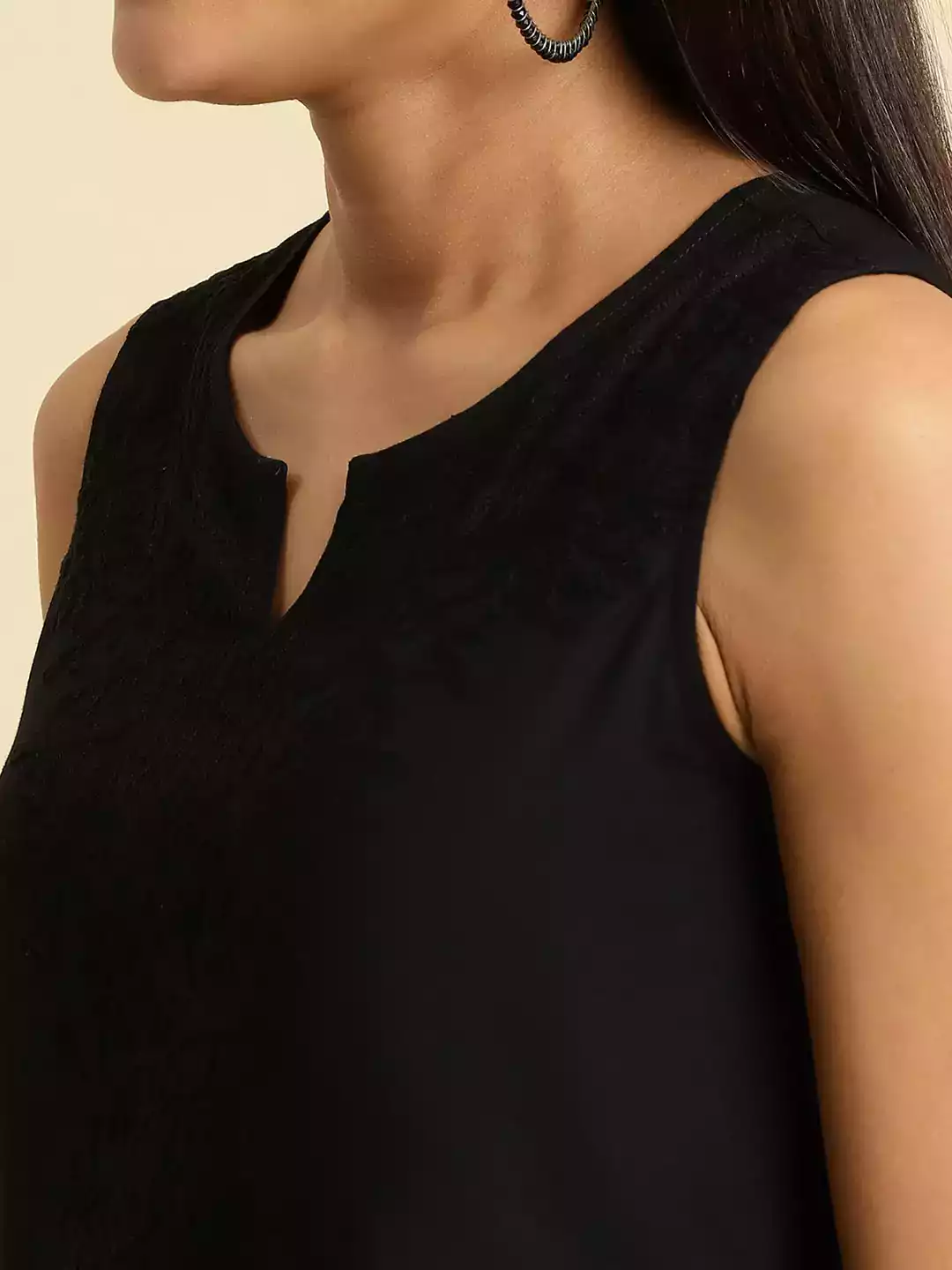 Black Self-Embroidered Sleeveless Short Kurti