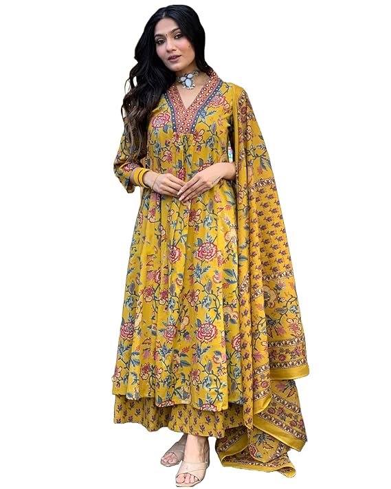 Women’s Rayon Blend Anarkali Printed Kurta with Palazzo & Dupatta